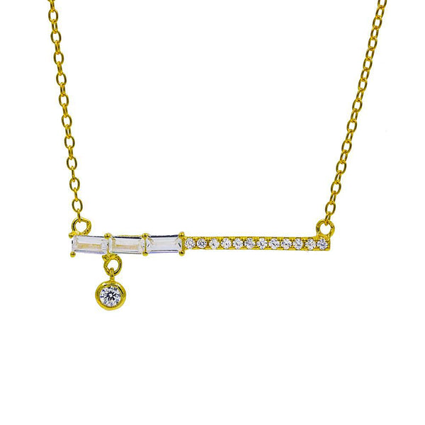 ZDN9073-G STERLING SILVER 925 GOLD PLATED FINISH TEARDROP BAR DESIGN CZ NECKLACE