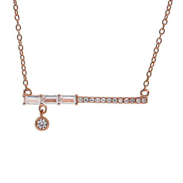ZDN9073-RG STERLING SILVER 925 ROSE GOLD PLATED FINISH TEARDROP BAR DESIGN CZ NECKLACE