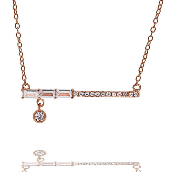 ZDN9073-RG STERLING SILVER 925 ROSE GOLD PLATED FINISH TEARDROP BAR DESIGN CZ NECKLACE