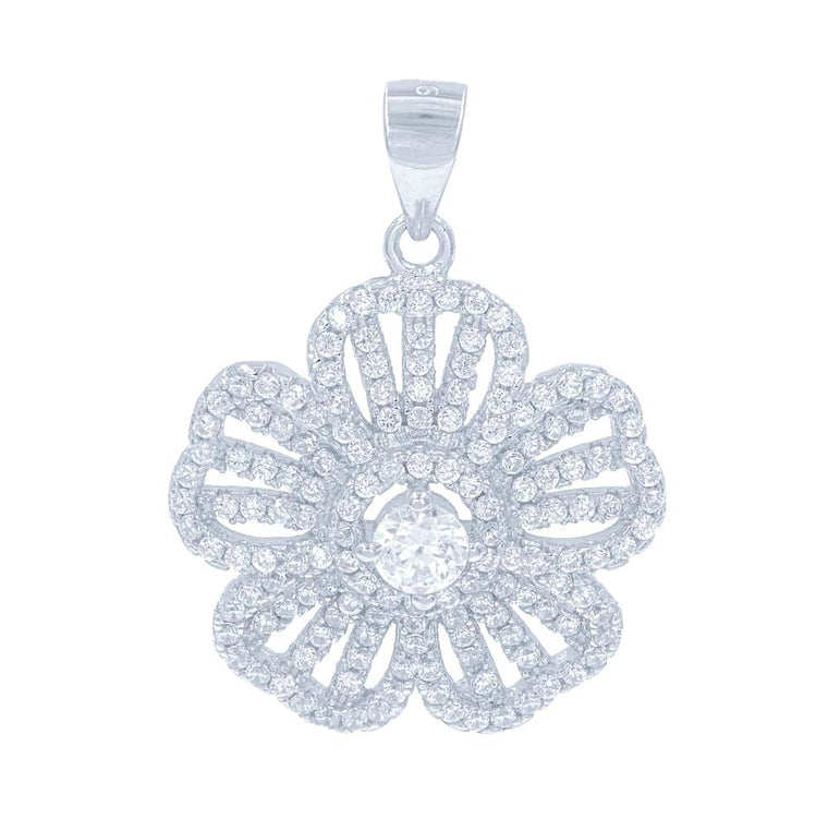 ZDP1459 STERLING SILVER 925 RHODIUM PLATED FINISH FLOWER DESIGN WHITE CZ PENDANT