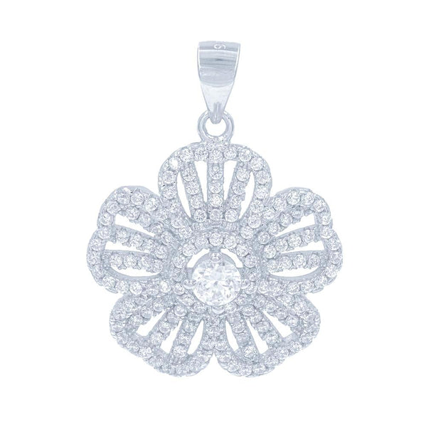 ZDP1459 STERLING SILVER 925 RHODIUM PLATED FINISH FLOWER DESIGN WHITE CZ PENDANT