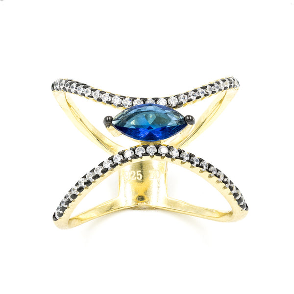 ZDR0497-GS  STERLING SILVER 925 SAPPHIRE BLUE COLOR CZ OPEN RING