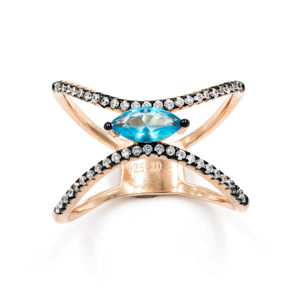 ZDR0497-RGAQ  STERLING SILVER 925 ROSE GOLD AQUA CZ OPEN RING