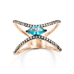 ZDR0497-RGAQ  STERLING SILVER 925 ROSE GOLD AQUA CZ OPEN RING