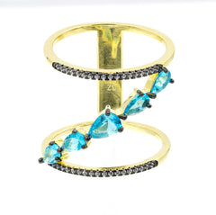 ZDR0546-GAQ STERLING SILVER 925 GOLD PLATED AQUA CZ RING