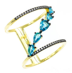 ZDR0546-GAQ STERLING SILVER 925 GOLD PLATED AQUA CZ RING