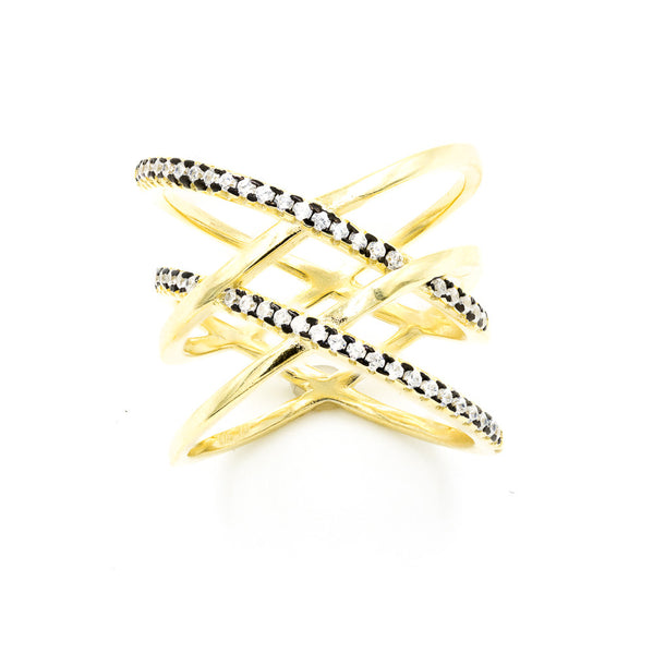 ZDR0583-GW  STERLING SILVER 925 GOLD PLATED DOUBLE X CZ RING