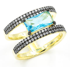 ZDR0787-GAQ STERLING SILVER 925 GOLD PLATED AQUA BLUE CZ OPEN RING
