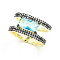 ZDR0787-GAQ STERLING SILVER 925 GOLD PLATED AQUA BLUE CZ OPEN RING