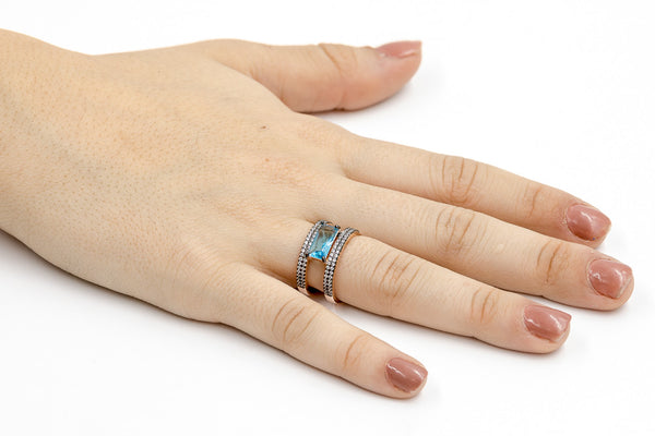ZDR0787-RGAQ STERLING SILVER 925 ROSE GOLD AQUA BLUE CZ OPEN RING