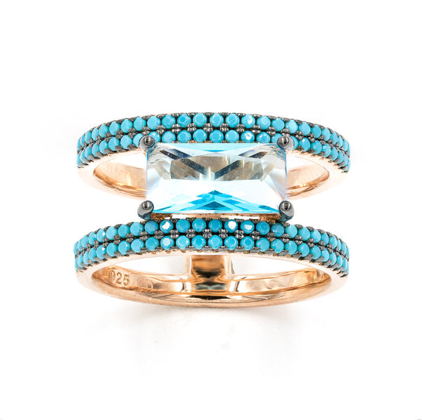 ZDR0787-RGT STERLING SILVER 925 ROSE GOLD AQUA BLUE CZ OPEN RING