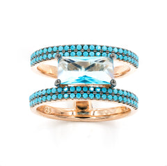 ZDR0787-RGT STERLING SILVER 925 ROSE GOLD AQUA BLUE CZ OPEN RING
