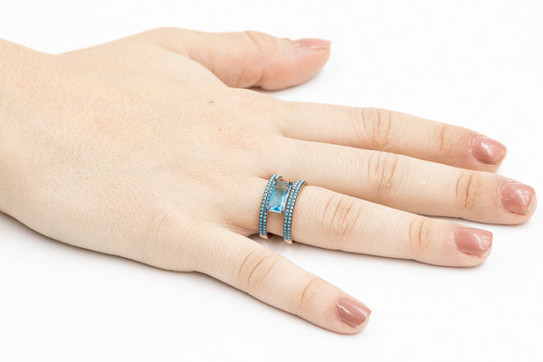 ZDR0787-RGT STERLING SILVER 925 ROSE GOLD AQUA BLUE CZ OPEN RING