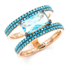 ZDR0787-RGT STERLING SILVER 925 ROSE GOLD AQUA BLUE CZ OPEN RING