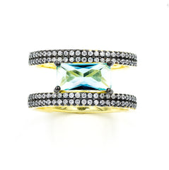 ZDR0787-GAQ STERLING SILVER 925 GOLD PLATED AQUA BLUE CZ OPEN RING