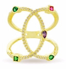 ZDR16019-G STERLING SILVER 925 GOLD PLATED OPEN DESIGN COLOR CZ RING