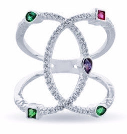 ZDR16019 STERLING SILVER 925 RHODIUM PLATED OPEN DESIGN COLOR CZ RING