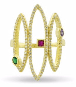 ZDR16020-G STERLING SILVER 925 GOLD PLATED OPEN DESIGN COLOR CZ RING