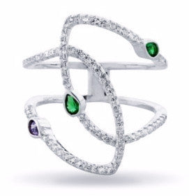 ZDR16021 STERLING SILVER 925 RHODIUM PLATED OPEN DESIGN COLOR CZ RING