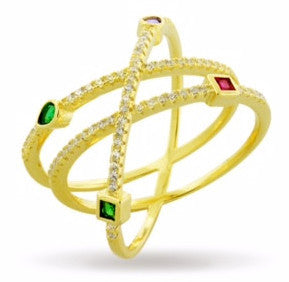 ZDR16022-G STERLING SILVER 925 GOLD PLATED X DESIGN COLOR CZ RING