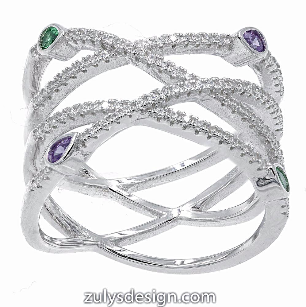 ZDR16041 STERLING SILVER 925 RHODIUM PLATED X DESIGN COLOR CZ RING