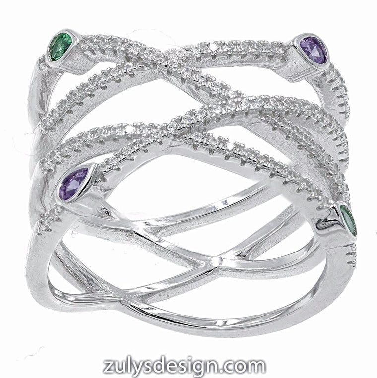 ZDR16041 STERLING SILVER 925 RHODIUM PLATED X DESIGN COLOR CZ RING