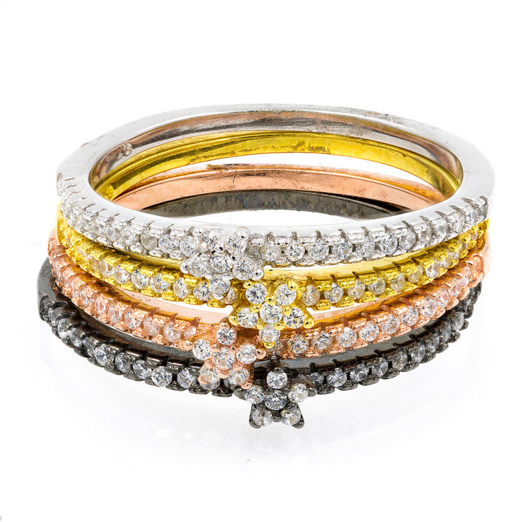ZDR1848 STERLING SILVER 925 SET 4 STACKABLE RINGS WITH CLEAR CUBIC ZIRCONIA