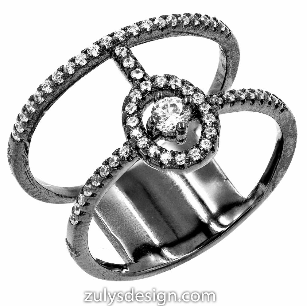 ZDR1979-BLK STERLING SILVER 925 BLACK RHODIUM PLATED OPEN RING WITH CZ
