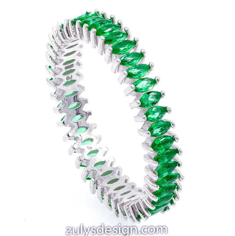 ZDR2137-GRN STERLING SILVER 925 RHODIUM PLATED EMERALD STACKABLE CZ RING