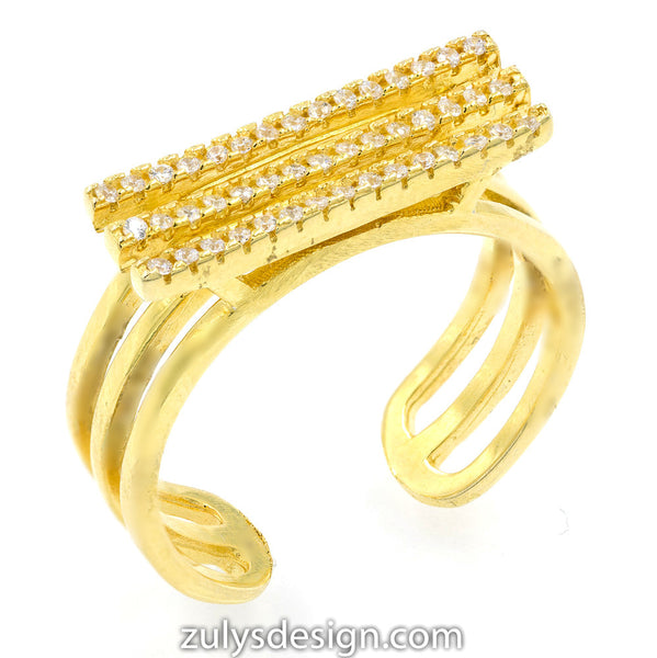ZDR2582-G STERLING SILVER 925 GOLD PLATED THREE ROW CZ PAVE RING