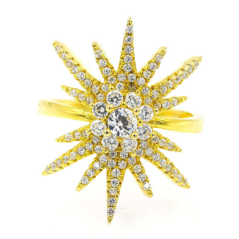 ZDR2742-G  925 STERLING SILVER GOLD PLATED STAR DESIGN CUBIC ZIRCONIA RING
