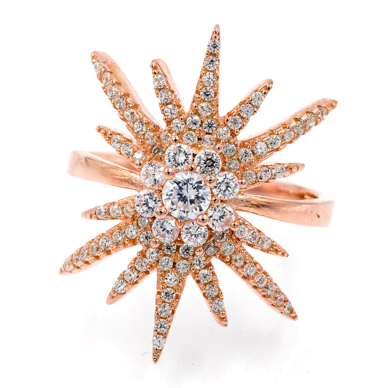 ZDR2742-RG  925 STERLING SILVER ROSE GOLD PLATED STAR DESIGN CUBIC ZIRCONIA RING