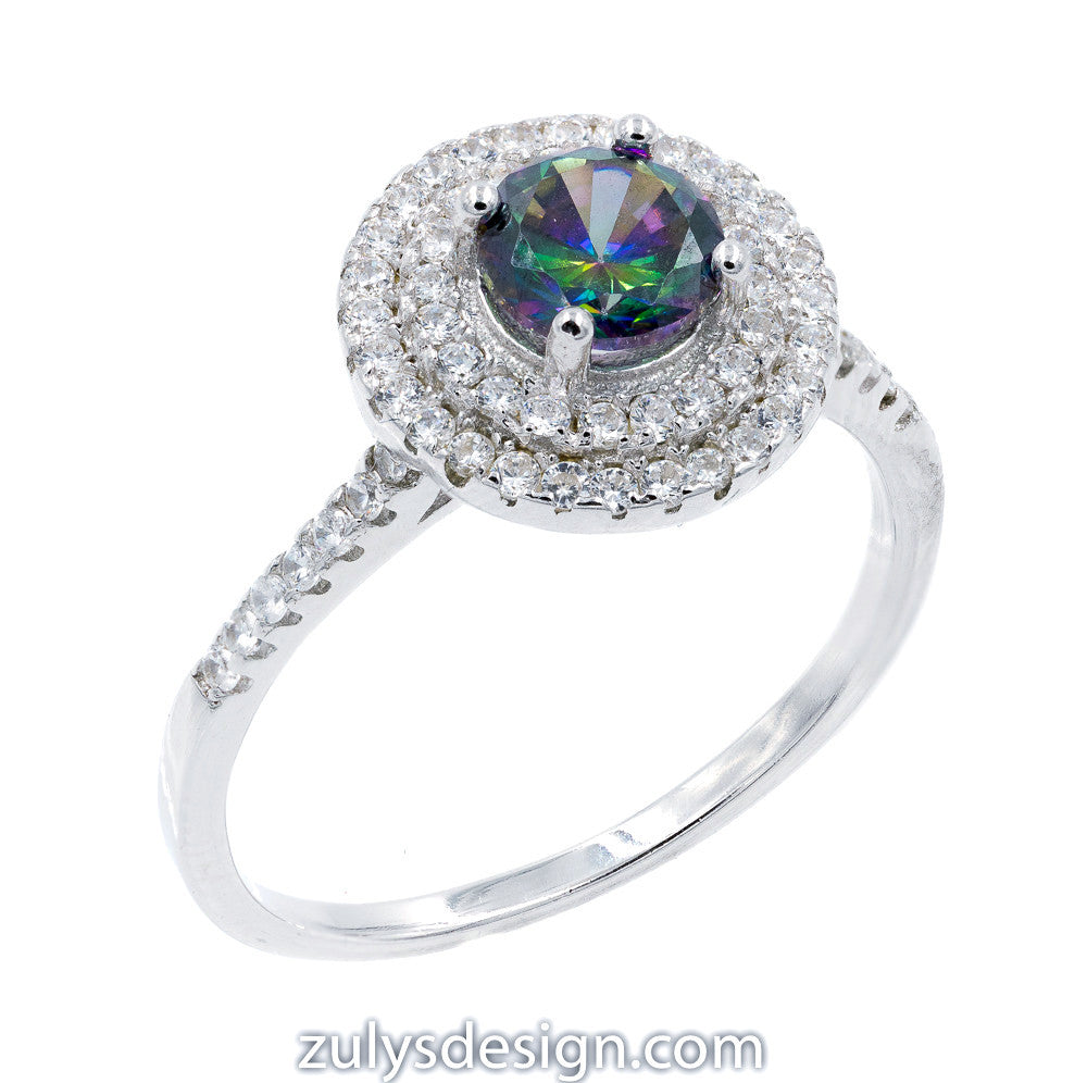 ZDR409 STERLING SILVER 925 RHODIUM PLATED MYSTIC FIRE TOPAZ CUBIC ZIRCONIA ENGAGEMENT RING