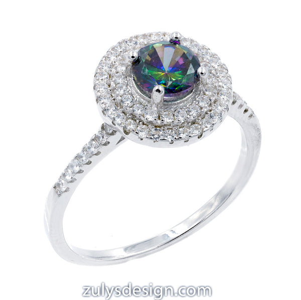 ZDR409 STERLING SILVER 925 RHODIUM PLATED MYSTIC FIRE TOPAZ CUBIC ZIRCONIA ENGAGEMENT RING