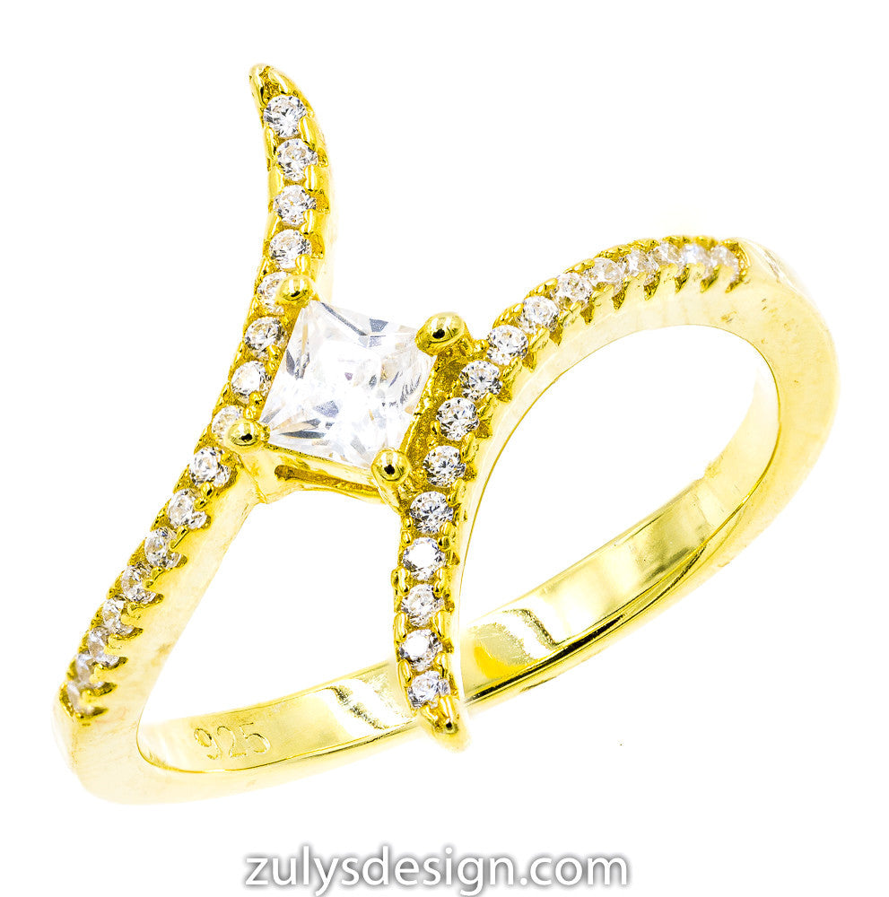 ZDR412-G STERLING SILVER 925 GOLD PLATED CLEAR ZIRCONIA RING