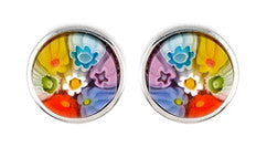 ZDE17C4 STERLING SILVER 925 MULTICOLOR MILLEFIORI 10MM ROUND STUD EARRINGS