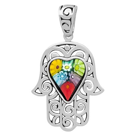 ZDP3580  MULTICOLOR MILLEFIORI HEART CENTER ON FILIGREE HAMSA PENDANT