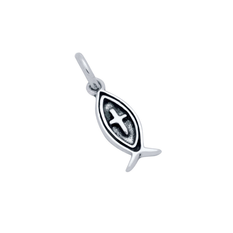 ZDC1484  STERLING SILVER 16MM ICHTHYS FISH AND CROSS CHARM