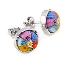 ZDE17C4 STERLING SILVER 925 MULTICOLOR MILLEFIORI 10MM ROUND STUD EARRINGS