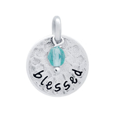 ZDC1420-LBL  ROUND 14MM "BLESSED" CHARM WITH LIGHT BLUE CRYSTAL BEAD