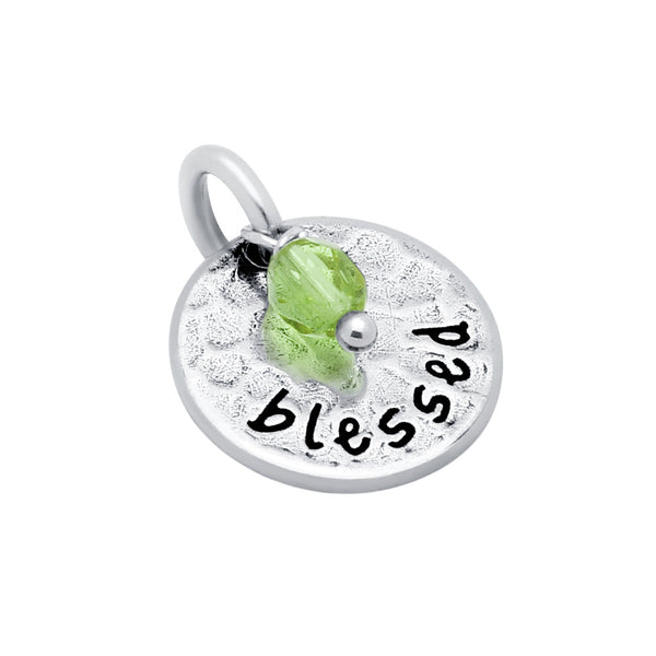 ZDC1420-LGR  ROUND 14MM "BLESSED" CHARM WITH LIGHT GREEN CRYSTAL BEAD