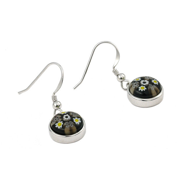 ZDE13C6 MILLEFIORI BLACK AND WHITE FISH HOOK 10MM ROUND EARRINGS