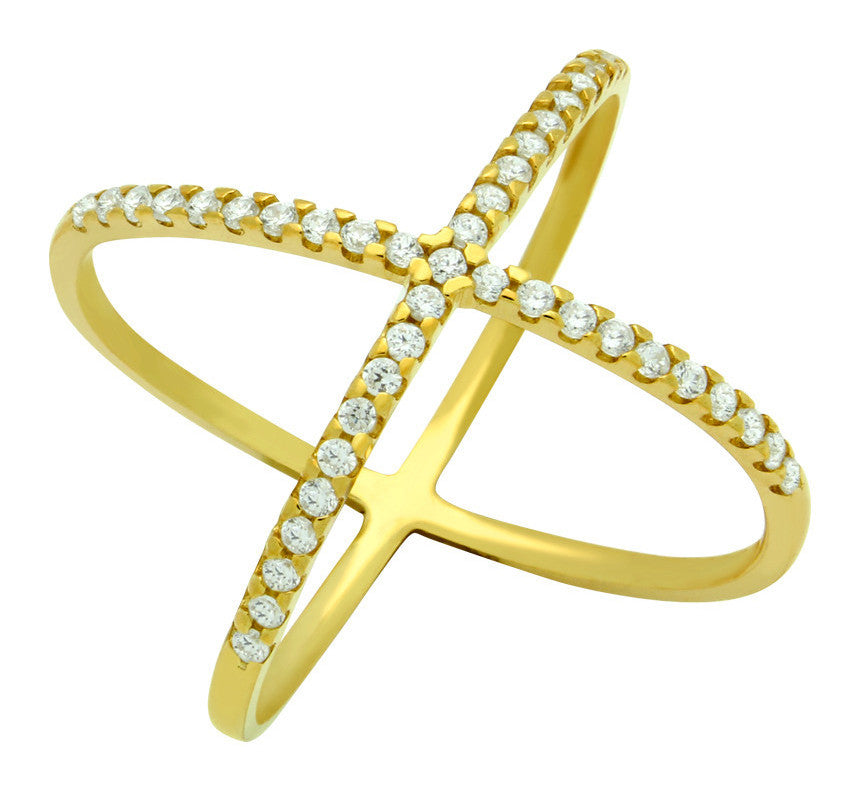 ZDR1100-G  STERLING SILVER 925 GOLD PLATED X DESIGN RING WITH CZ