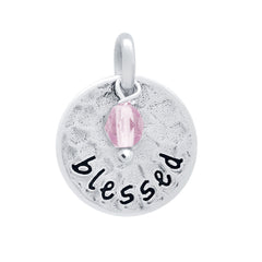 ZDC1420-LPK  ROUND 14MM "BLESSED" CHARM WITH LIGHT PINK CRYSTAL BEAD