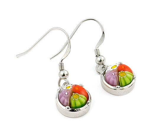 ZDE165 MULTICOLOR MILLEFIORI FISH HOOK 8MM ROUND EARRINGS
