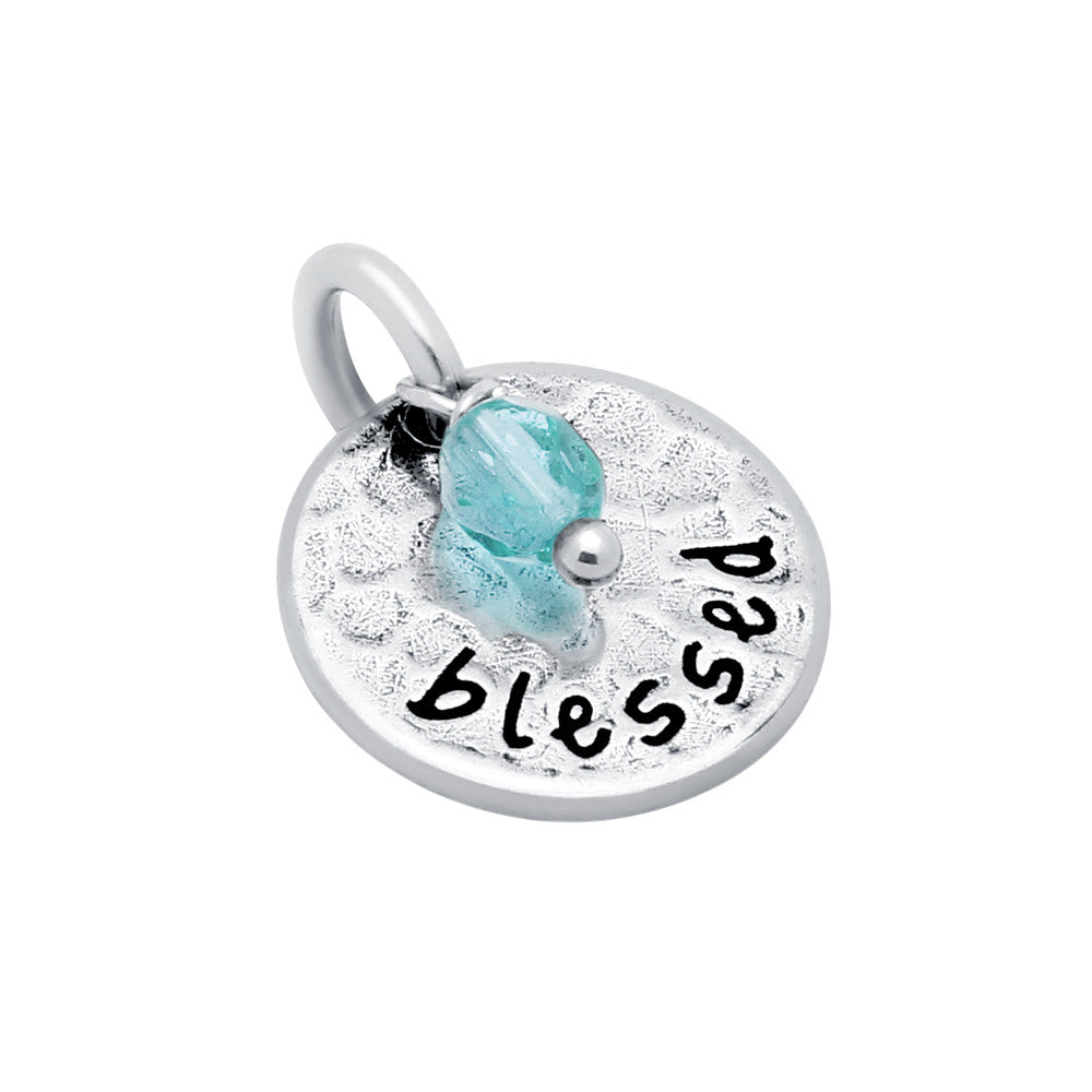 ZDC1420-LBL  ROUND 14MM "BLESSED" CHARM WITH LIGHT BLUE CRYSTAL BEAD