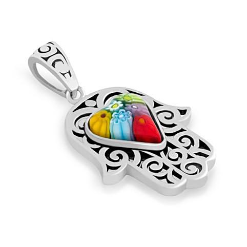 ZDP3580  MULTICOLOR MILLEFIORI HEART CENTER ON FILIGREE HAMSA PENDANT