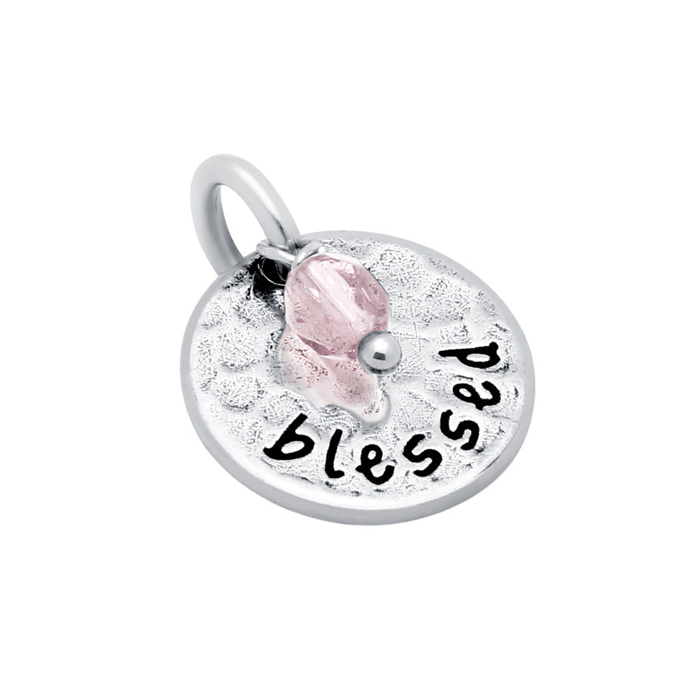 ZDC1420-LPK  ROUND 14MM "BLESSED" CHARM WITH LIGHT PINK CRYSTAL BEAD