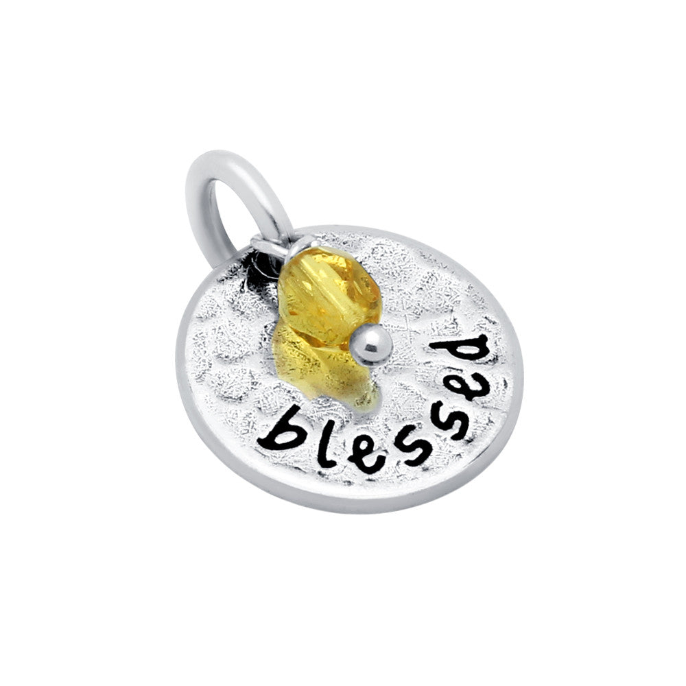 ZDC1420-YEL  ROUND 14MM "BLESSED" CHARM WITH YELLOW CRYSTAL BEAD